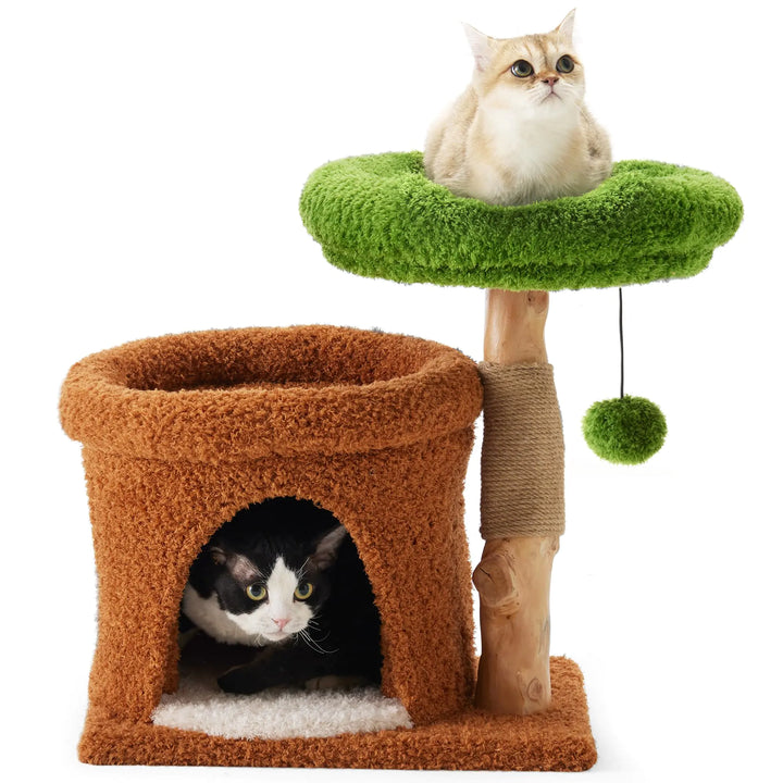 FUKUMARU Small Cat Tree Plant Style Kitten Tower with Unique Solid Wood Cat Scratching Post Cute Cat Condo Scratcher with Soft Bed for Indoor Kitten & Cats