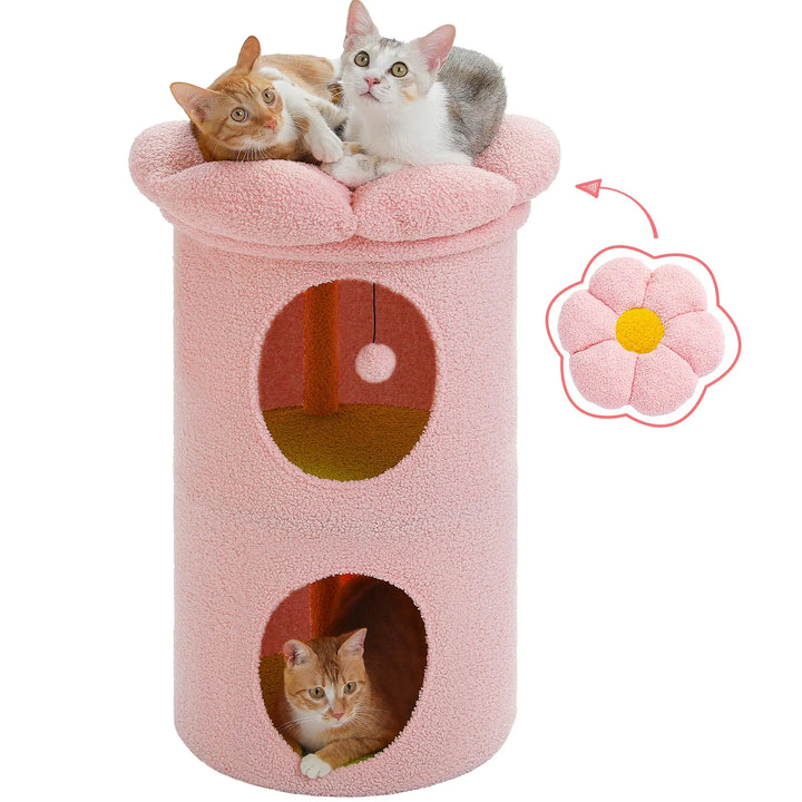 PETEPELA 2-Level Cat Beds for Indoor Cats Cat Tree Cat House with Removable Flower Cat Bed Cute Cat Bed Cave Cat Hideaway Bed Indoor Cat Tree Condo for Large Cats 20X20X28.7 Inches Pink