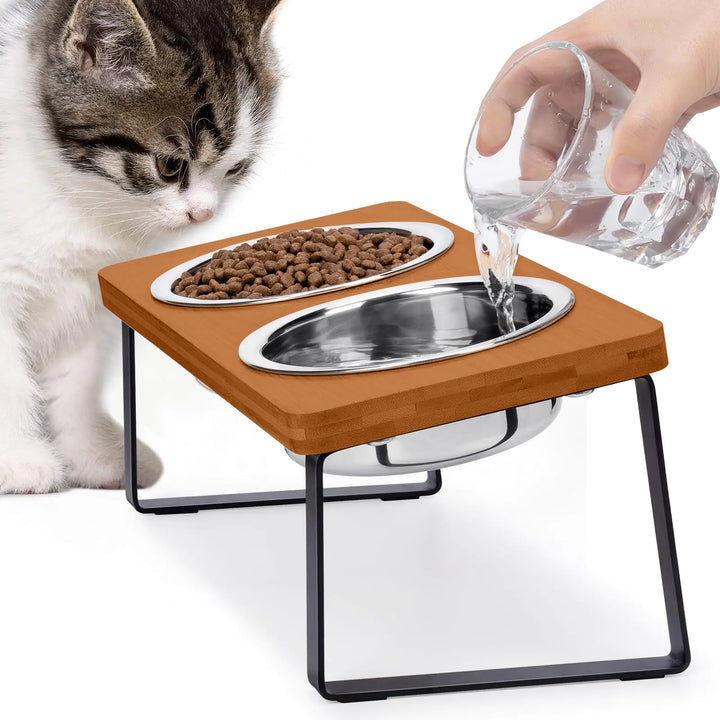 Elevated Cat Bowls for Food and Water - Loplurea 15° Tilted Raised Stainless Steel Cat Food Bowl with Brown Bamboo Stand and Anti Vomit Feeding Station for Indoor Cats and Pet