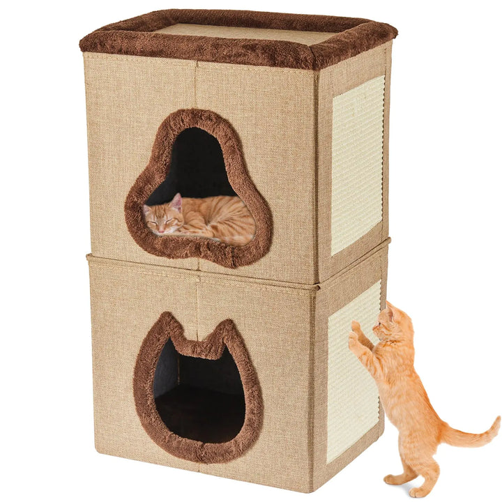 2-Tier Cat House Cat House for Indoor Cats Bed Covered Cat Beds with Hideaway Cave and Scratch Pad Foldable Modern Cat House for Multi Small Pet Large Kitten Kitty