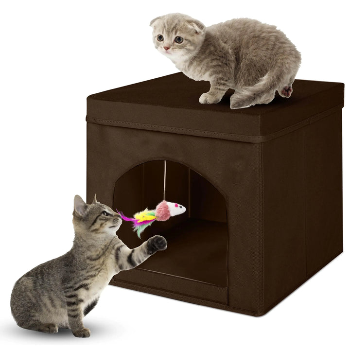 ShellKingdom Collapsible Cat House Foldable Kitty Cat Cube and Cat Cave with Bed Colorful Cat Stool Condo for Indoor Cats Gifts 13 x 13 x 13 inches (Brown)