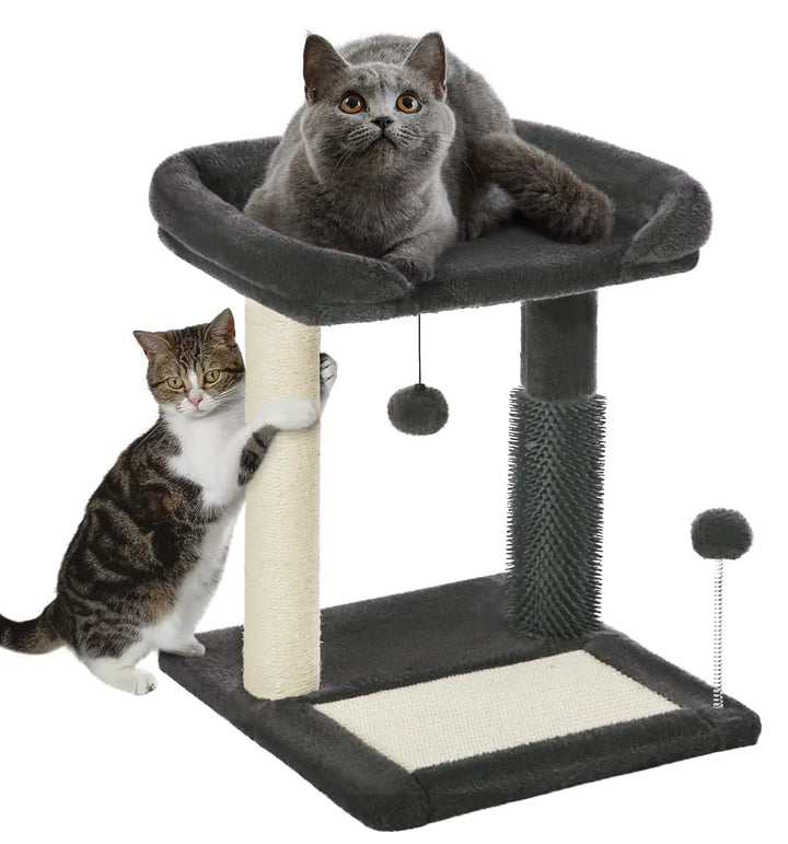 Made4Pets Small Cat Tree Tower Cat Scratching Post 4-in-1 with Cat Self Groomer Brush 20" Tall Natural Sisal Cat Scratcher Soft Plush Cat Perch Bed with Dangling Ball for Indoor Kittens Dark Grey