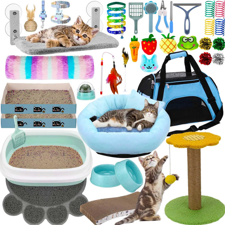 Locmeo 40 Pcs Kitten Starter Kit for Indoor Cats Include Cat Litter Box Cat Toys Cat Collars Cat Bed Scratch Pad Nail File Feed Bowls and More for Kitten Supplies Accessories Welcome Gift (Blue)