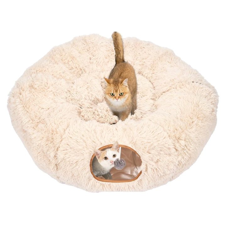 Avont Cat Tunnel Bed with Central Washable Cushion - Large Cat Tunnel Tube Toys 3 Shape to Play for Indoor Cats Kittens Puppies Ferret Round Plush Fluffy Cat Bed with Tunnels -Beige