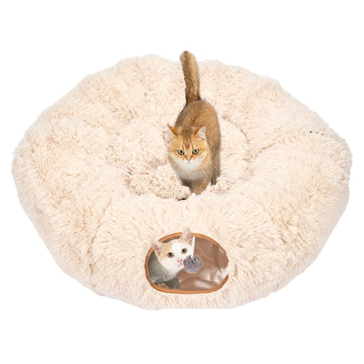 Avont Cat Tunnel Bed with Central Washable Cushion - Large Cat Tunnel Tube Toys 3 Shape to Play for Indoor Cats Kittens Puppies Ferret Round Plush Fluffy Cat Bed with Tunnels -Beige