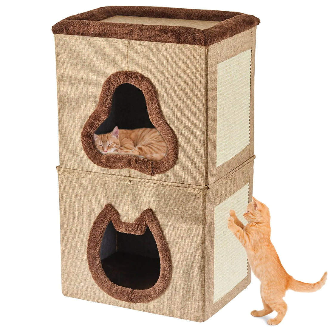 2-Tier Cat House Cat House for Indoor Cats Bed Covered Cat Beds with Hideaway Cave and Scratch Pad Foldable Modern Cat House for Multi Small Pet Large Kitten Kitty