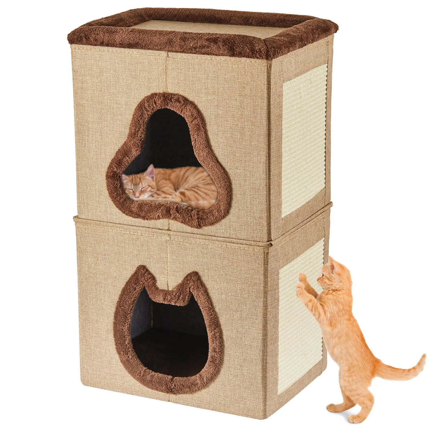 2-Tier Cat House Cat House for Indoor Cats Bed Covered Cat Beds with Hideaway Cave and Scratch Pad Foldable Modern Cat House for Multi Small Pet Large Kitten Kitty
