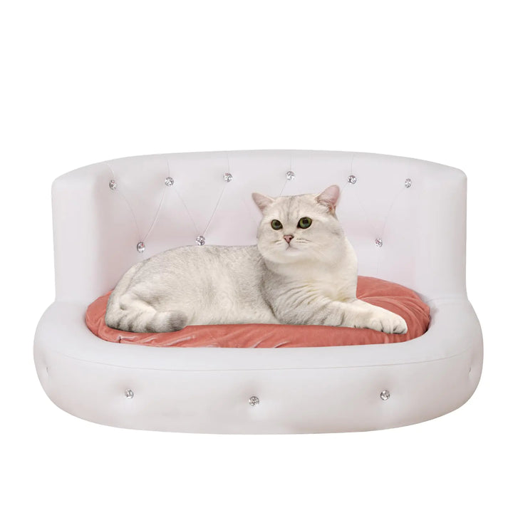 Pet Sofa/Dog Bed OVA PVC Cat Bed Mini Animal Sleeping Bed Crystal Button Modern Pet Couch Bed (White)