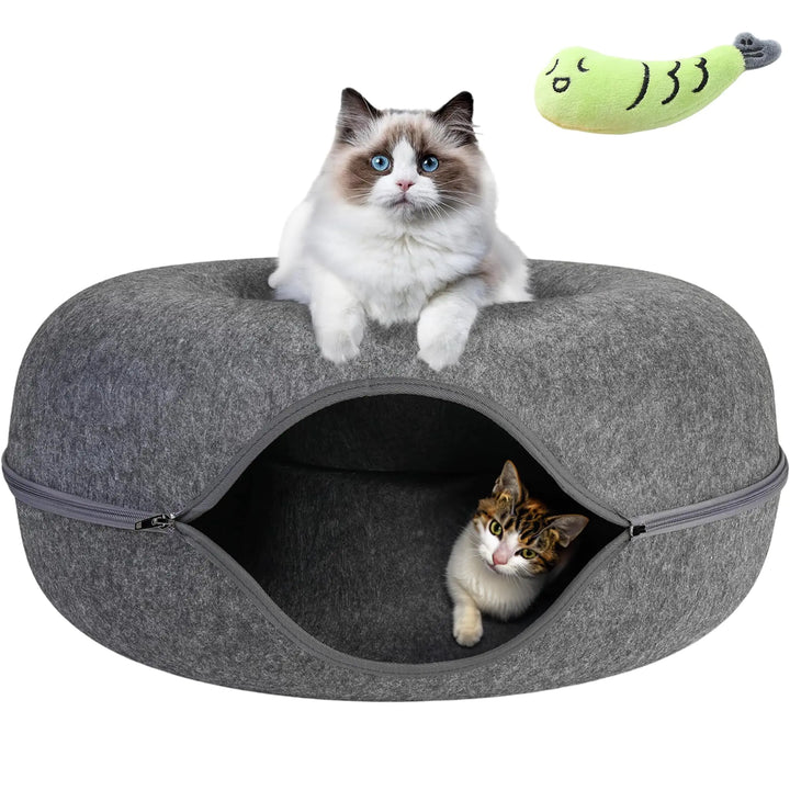 BARKLAND Cat Tunnel Bed - Felted Cat Bed with Fish Toy Cat Beds for Indoor Cats Scratch Detachable & Washable Tunnel Bed Comfy Donut - Dark Gray