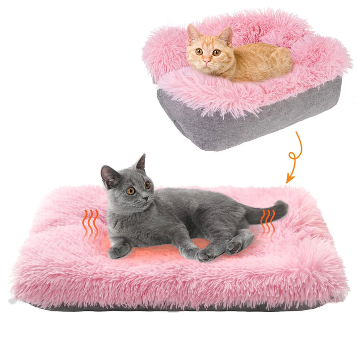 SCENEREAL Self Warming Cat Bed Heated Cat Bed Mat for Cats Small Dogs 2 in 1 Soft Plush Washable Pet Pad for Indoor Outdoor Kitten Puppy Pink 28" x 24"
