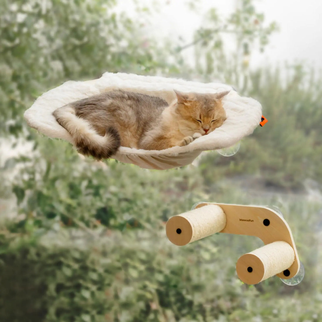 MEWOOFUN Cat Window Hammock Cat Window Perch with 2 Cat Stairs Cordless Cat Window Bed with 3 Strong Suction Cups 23‘’ Wide Wood Cat Hammock for Indoor Cats