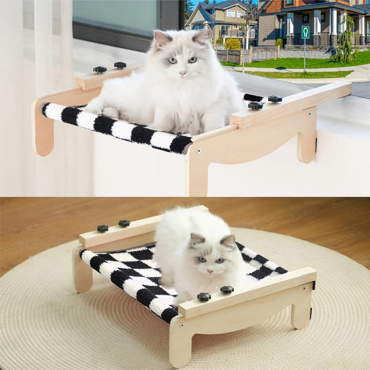 COODIA Cat Window Perch Wooden Window Perch for Cats Inside 2 in1 Cat Hammock for Window Versatile Cat Window Bed Multi Installation Place Window Cat Bed for Windowsill Bedside Drawer and Cabinet