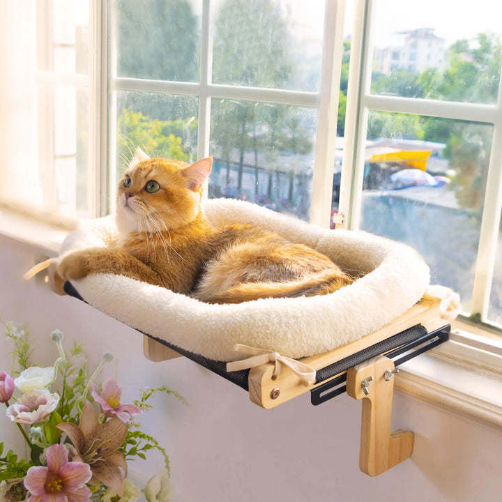 UNQBWE Cat Window Hammock Window Cat Perch with Cushion Bed Cover Wood & Metal Frame Cat Hammock for Window Easy to Adjust and Assemble for Medium and Small Cats