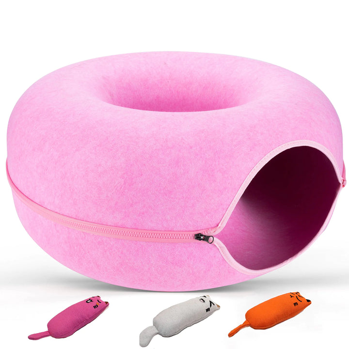 JUGGLENAUT Spacious Cat Cave - Cat Tunnel Bed & Peekaboo Cave for Indoor Cats - Cat Donut for Small to Large Cats - Includes 3 Separate Plush Toys for Extra Fun - 20lb Capacity Pink
