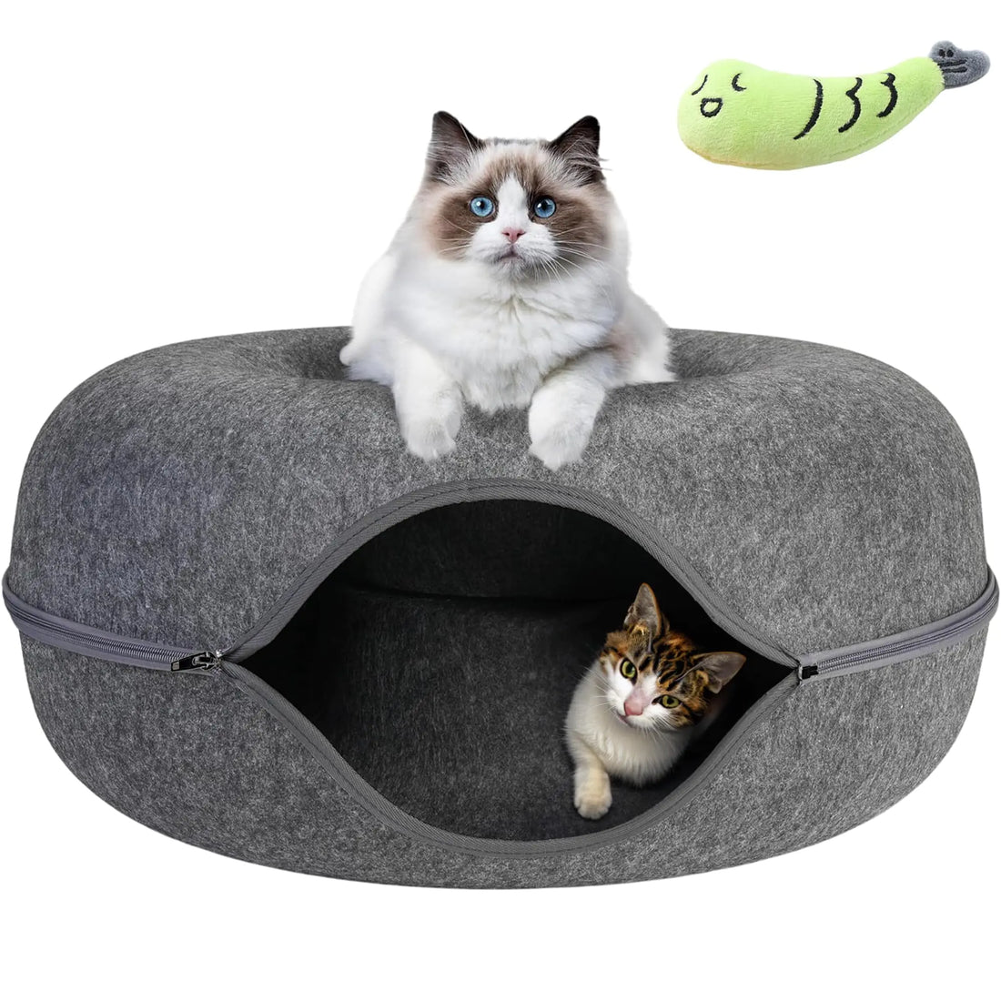 BARKLAND Cat Tunnel Bed - Felted Cat Bed with Fish Toy Cat Beds for Indoor Cats Scratch Detachable & Washable Tunnel Bed Comfy Donut - Dark Gray