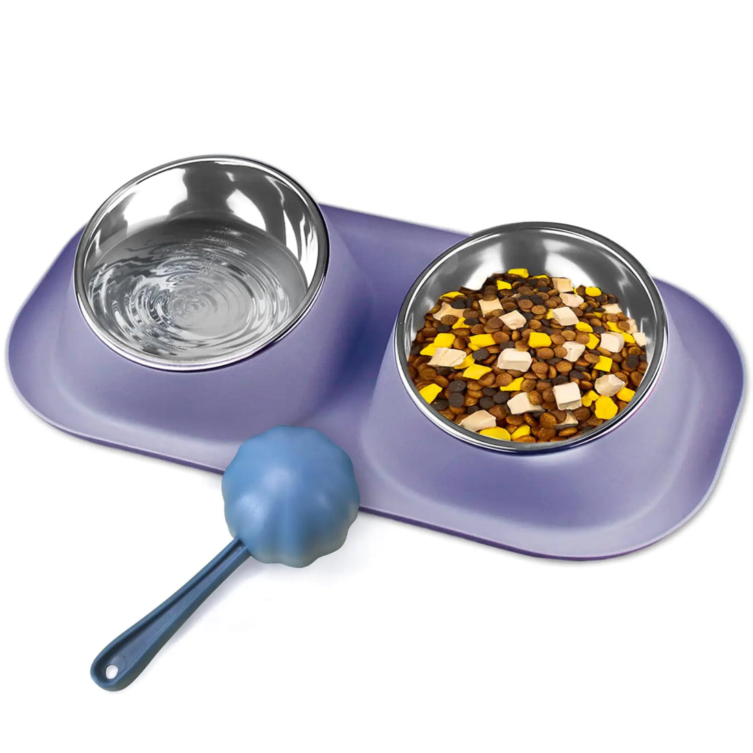 Gentledog Elevated Cat Food Bowls 15° Tilted Removable Stainless Steel Double Bowls with Food Scoop Non-Spill Raised Edge Food and Water Bowls for Cat and Puppy (Purple)