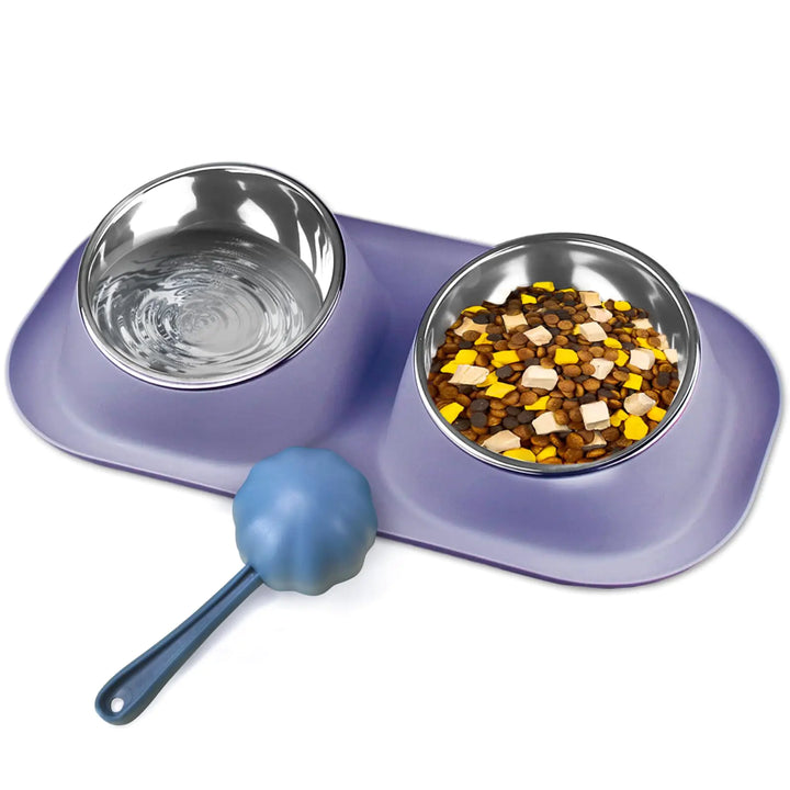 Gentledog Elevated Cat Food Bowls 15° Tilted Removable Stainless Steel Double Bowls with Food Scoop Non-Spill Raised Edge Food and Water Bowls for Cat and Puppy (Purple)