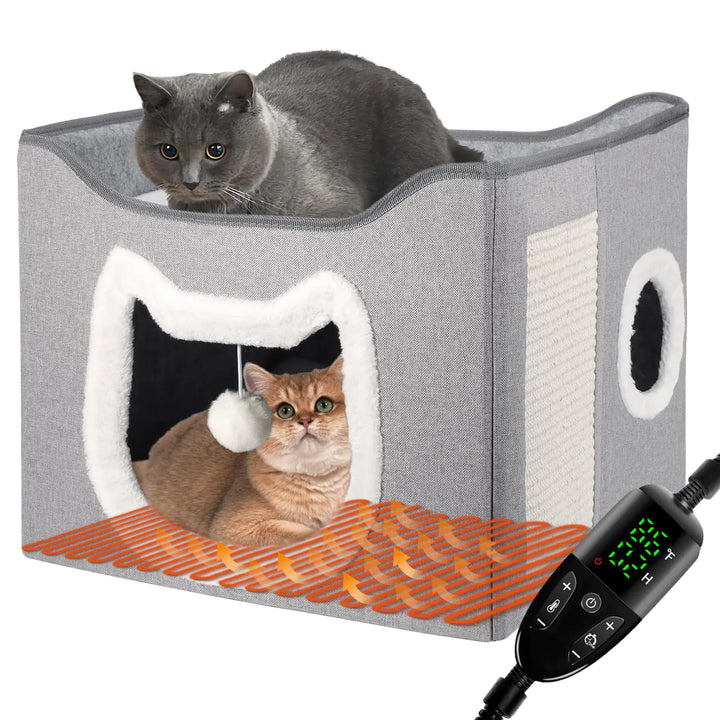 Heated Cat House for Indoor Cats - Heated Cat Bed Cave with Fluffy Ball and Scratch Pad Foldable Cat Hideaway Covered Cat Bed for Large Cats Kittens Small Pet