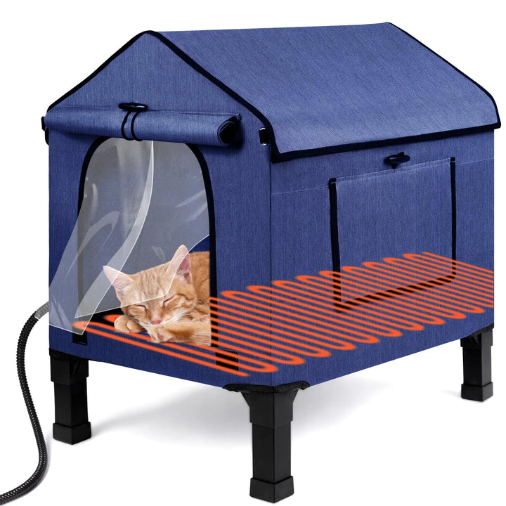 Heated Cat House for Outside Waterproof Outdoor Cat Shelter with Thermostatic Pet Heating Pad for Winter Large Elevated Pet Hetaing Bed with Rmoveable Canopy for All Seasons
