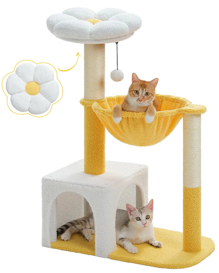 MUTTROS Cute Cat Tree with Flower Top Bed - Cloud Scratching Posts 35" Small Cat Tower with Large Metal Frame Hammock for Indoor Cats White Cat Condo for Kittens Yellow