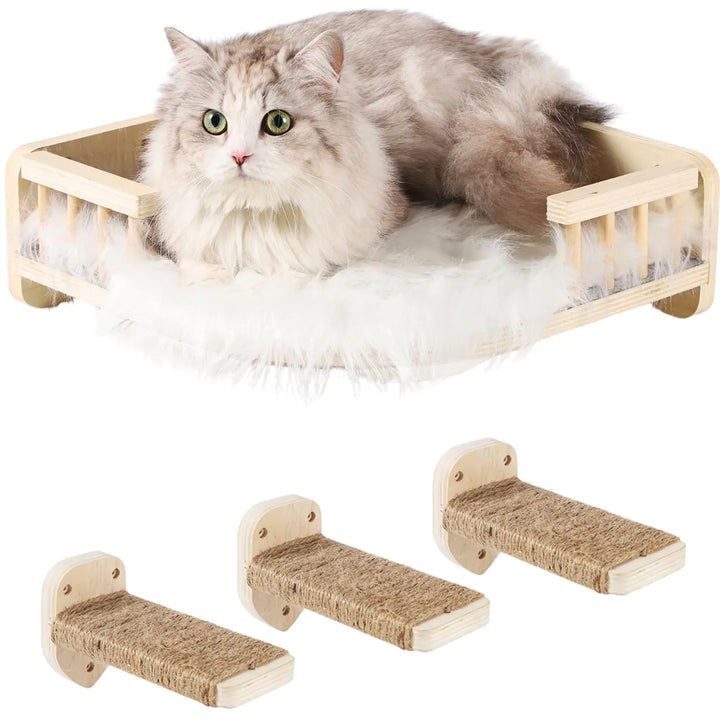 COOLEX Cat Wall Shelves Cat Shelves and Perches for Wall Corner Cat Shelf Cat Wall Furniture with 3 Steps Scratch Post Cat Bed Hammock with Plush Covered Climbing Shelf for Indoor Cats (Wood)