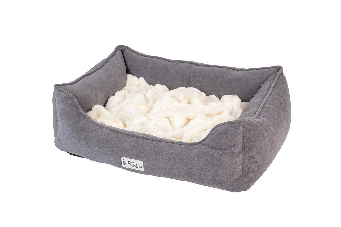 PetFusion Calming Cuddler Dog Bed & Cat Bed | Anti-Anxiety Dog Bed for Medium Dogs Cats | Loose Blanket Promotes Burrowing (Dogs) & Kneading (Cats) | CertiPUR-US Memory Foam | 1 Year WarrGrey/Ivory