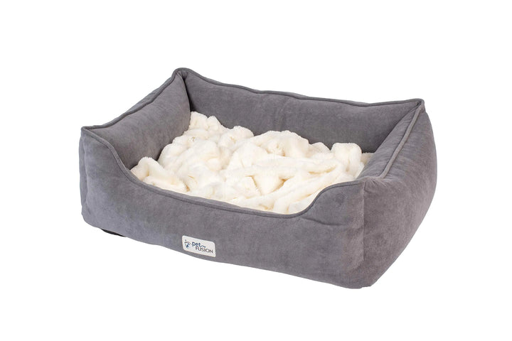 PetFusion Calming Cuddler Dog Bed & Cat Bed | Anti-Anxiety Dog Bed for Medium Dogs Cats | Loose Blanket Promotes Burrowing (Dogs) & Kneading (Cats) | CertiPUR-US Memory Foam | 1 Year WarrGrey/Ivory