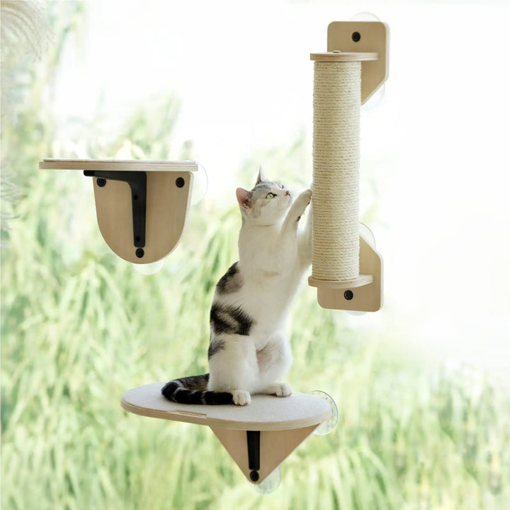 MEWOOFUN Cat Window Perch Hammock with Climbing Steps and Scratching Post Wooden Window Mounted Cat Bed for Indoor Cats (3 Pcs Cat Climber Set)