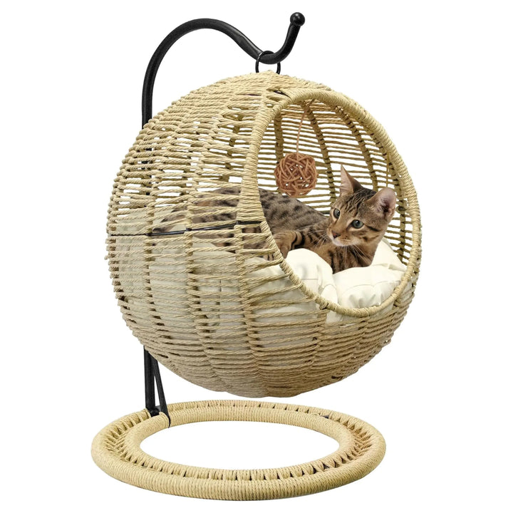 Vida Vistoso Hand-Woven Wicker Cat Bed Hanging Basket Cat Swinging Bed for Indoor Outdoor Hand Made Rattan Cat Nest Basket with Removable Cushion Khaki