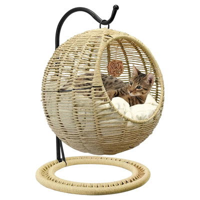Vida Vistoso Hand-Woven Wicker Cat Bed Hanging Basket Cat Swinging Bed for Indoor Outdoor Hand Made Rattan Cat Nest Basket with Removable Cushion Khaki