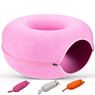 JUGGLENAUT Spacious Cat Cave - Cat Tunnel Bed & Peekaboo Cave for Indoor Cats - Cat Donut for Small to Large Cats - Includes 3 Separate Plush Toys for Extra Fun - 20lb Capacity Pink